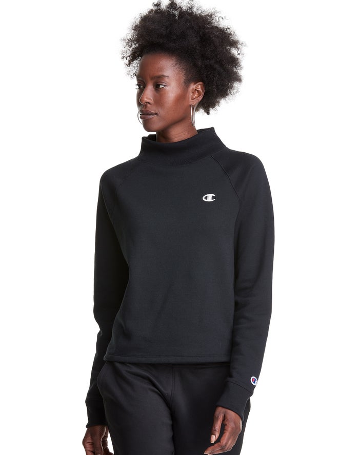 Champion Womens Sweatshirt NZ - Powerblend Fleece Mock Neck Embroidered Logo Black ( 3764-LBCNV )